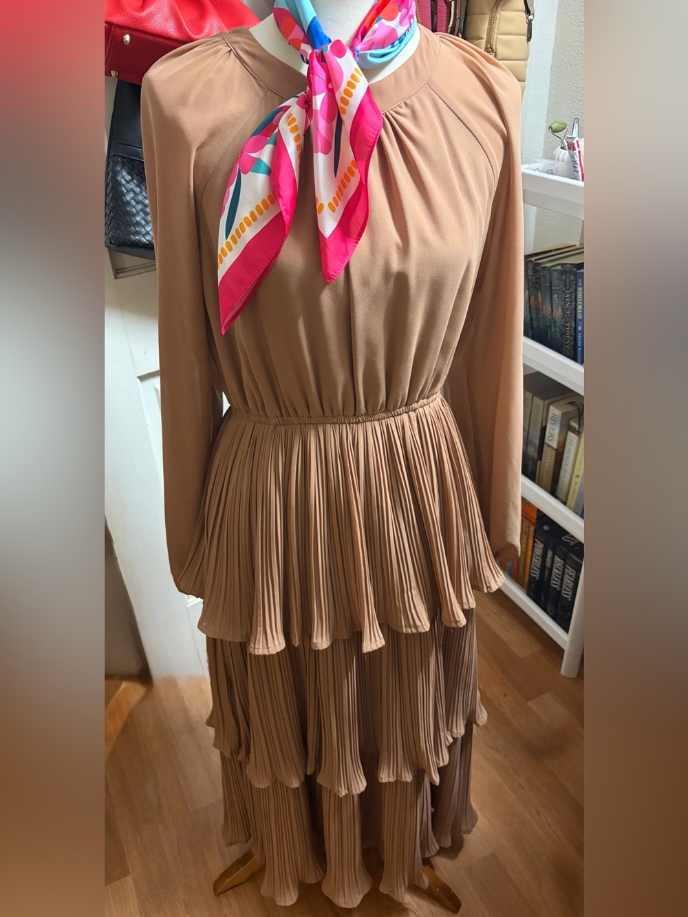 Tiered Pleated Long-Sleeve Dress in Camel